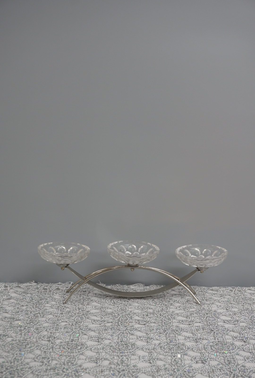 3 arm glass/Metal low candle holder